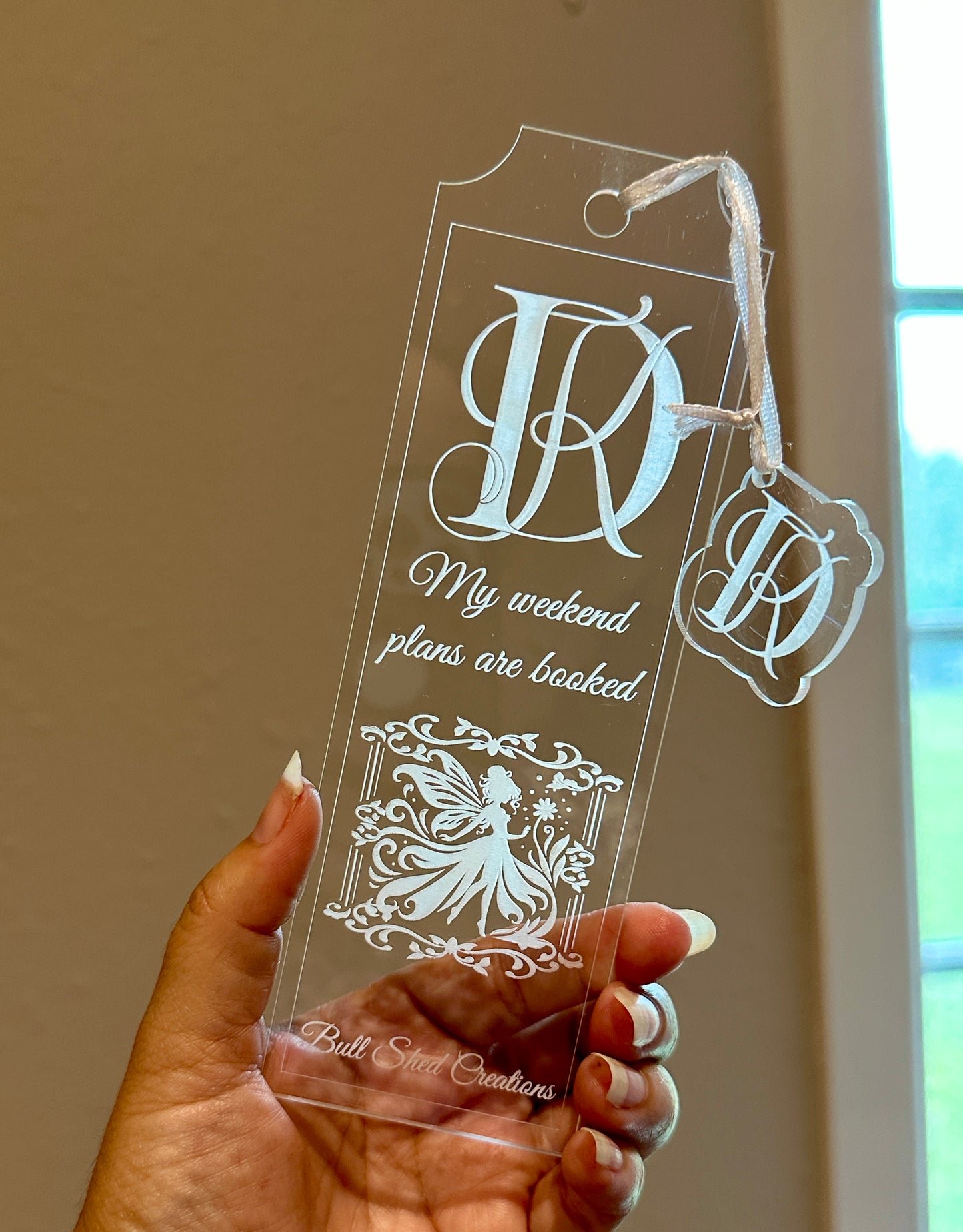Custom Clear Acrylic Bookmark with Matching Tag – Oversized, Elegant, and Engraved
